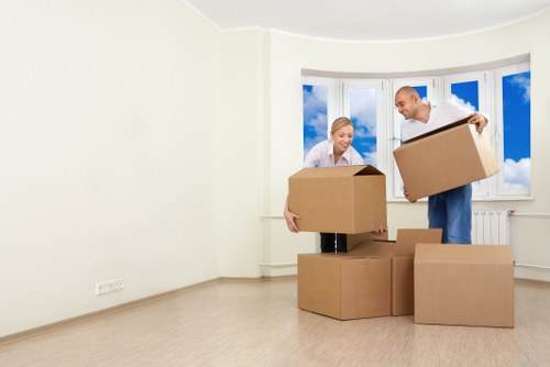 Organized storage unit with boxes and furniture