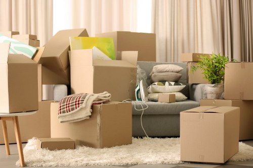 Packed boxes and furniture prepared for long-term storage in Stgiles